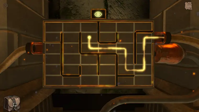 Enigma de ligações luminosas numa parede de pedra em Legacy - Reawakening